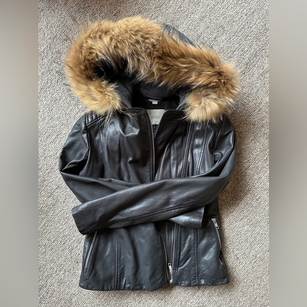 Sois & Kyo Black Leather Jacket with Fur Hood
